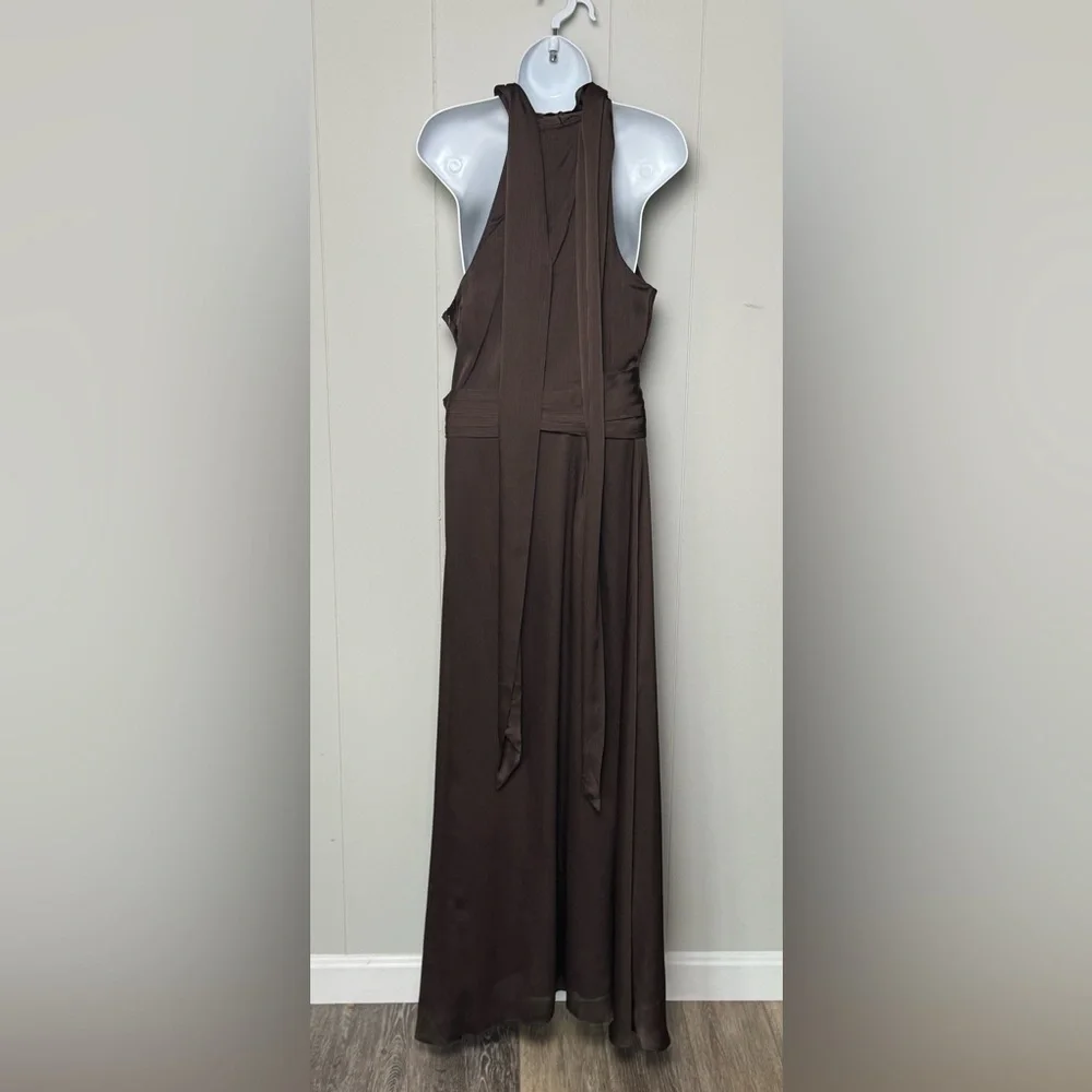 Sachin + Babi Elegant Chocolate Brown Maxi Dress with Long Shoulder Bow Size 10 - Picture 2 of 11